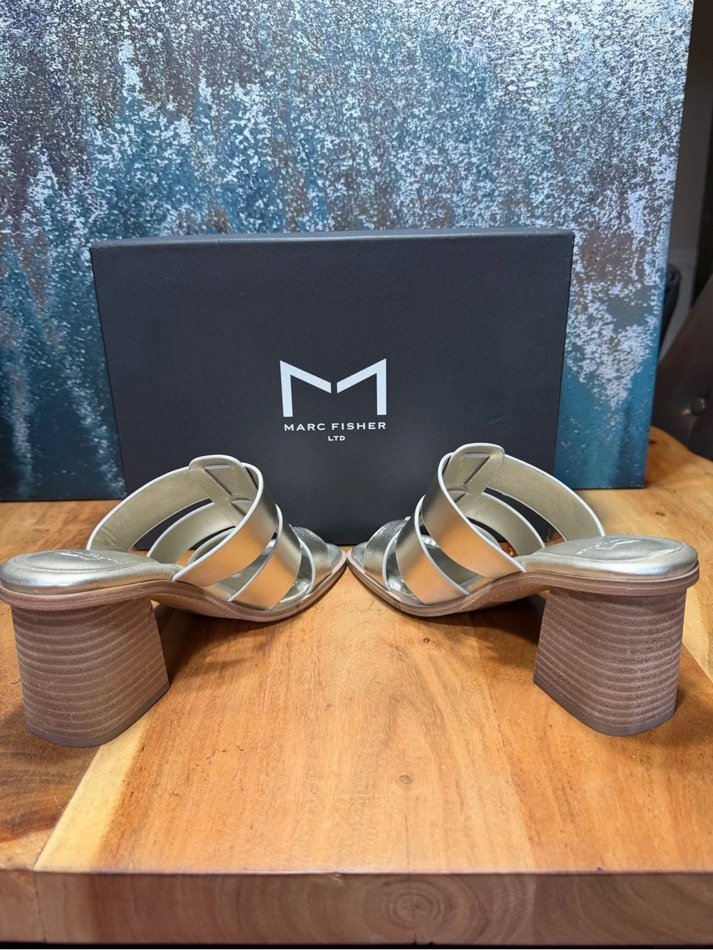 Marc Fisher Metallic Y2K Inspired Louisa Leather Mule Heels Silver Size 7 NIB